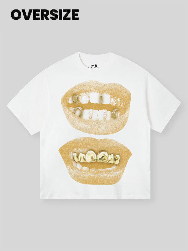 BOUNCE BACK© Retro Gold Lips Grills Print Tee
