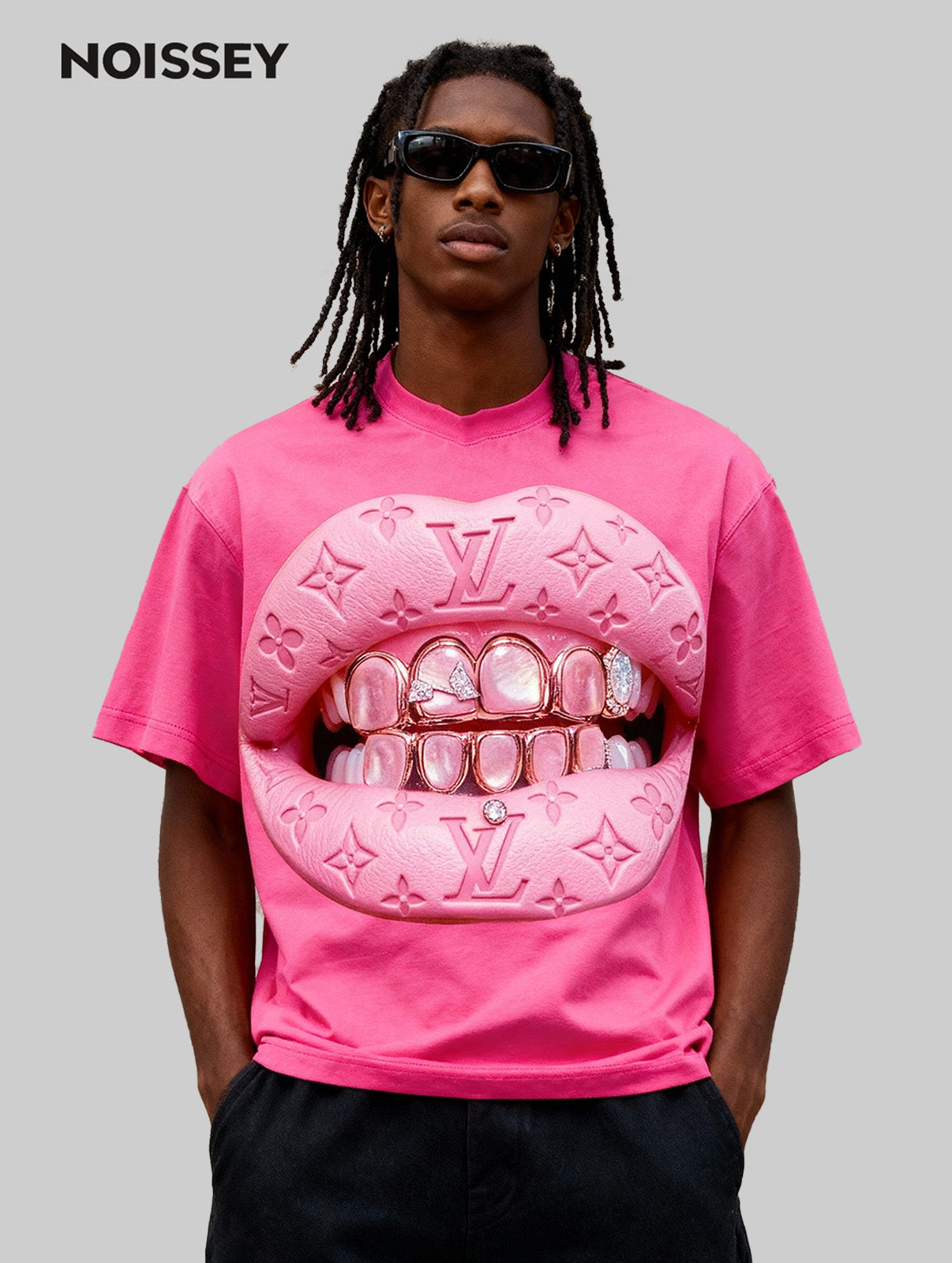Leather Cat's Eye Grillz Print Pink Boxy Oversized T-shirt