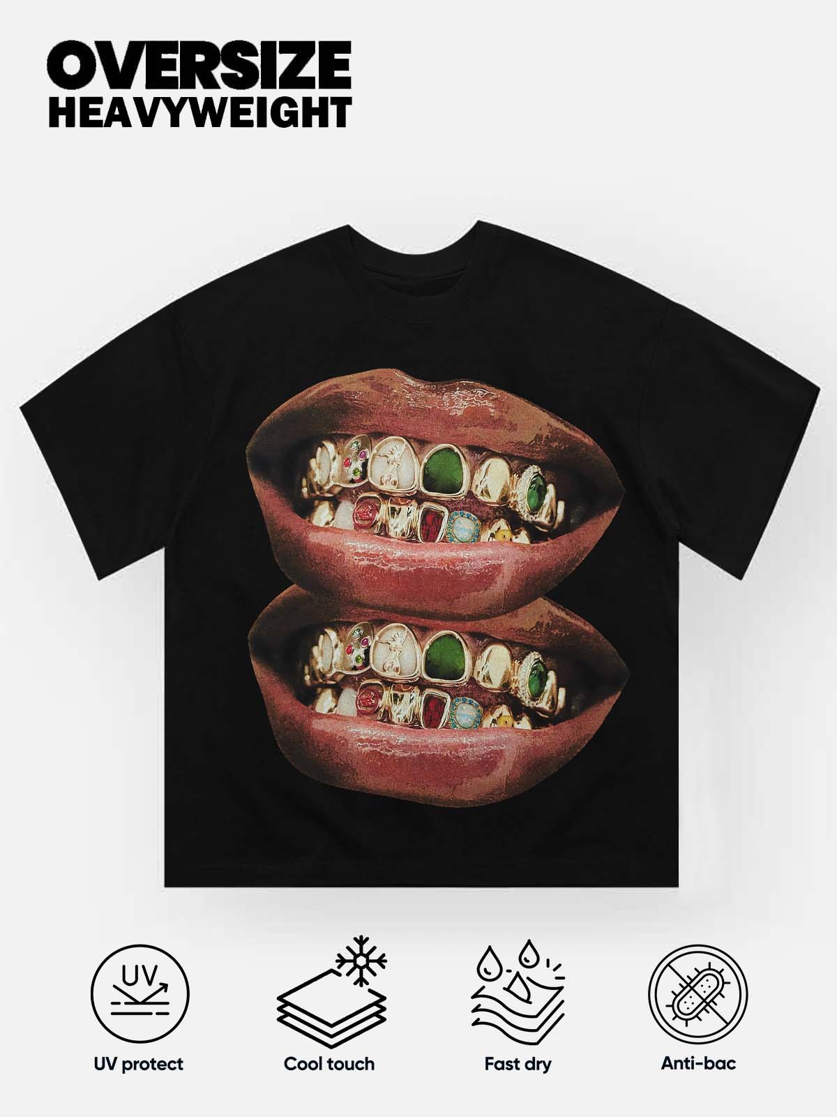 Gold & Jade Unique Grills Lip Print white&black T-Shirt