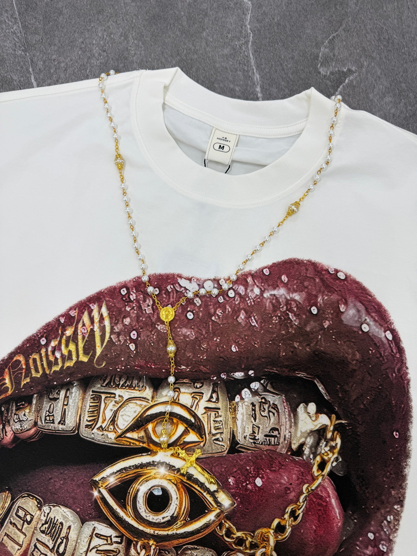 NOISSEY "The Golden Oracle" Wet-Gloss Lips Pharaonic Hieroglyphic Grills Oversized Tee