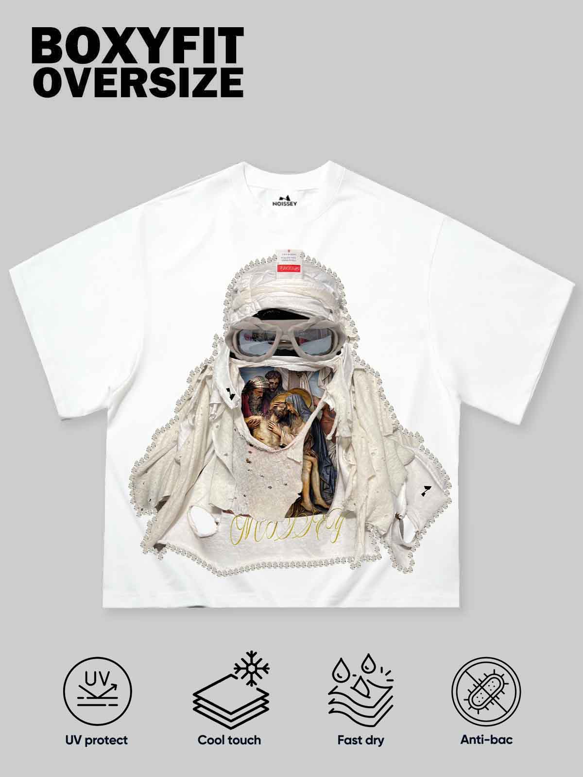 Boxy oversized T-shirt Bible Story Collage Face Mask T-shirt