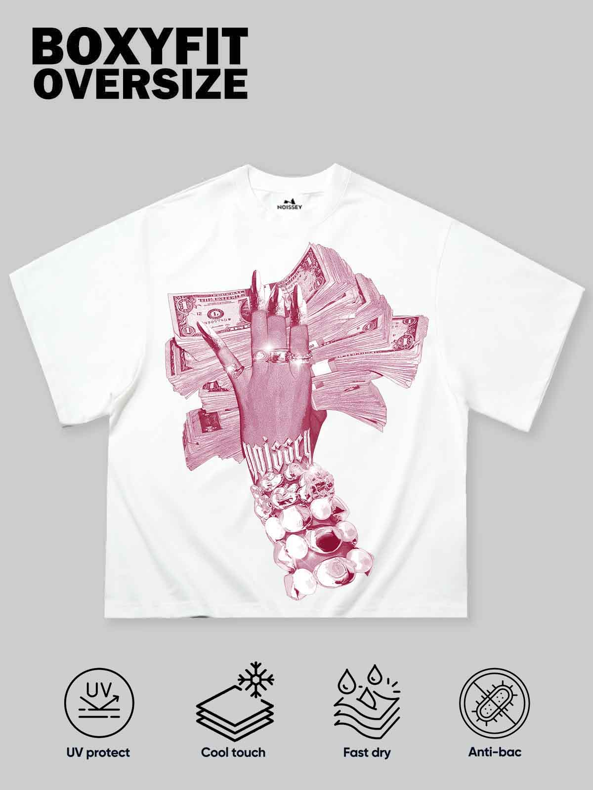 Boxy Oversized T-shirt with Money-Holding Nail Art Hand Print