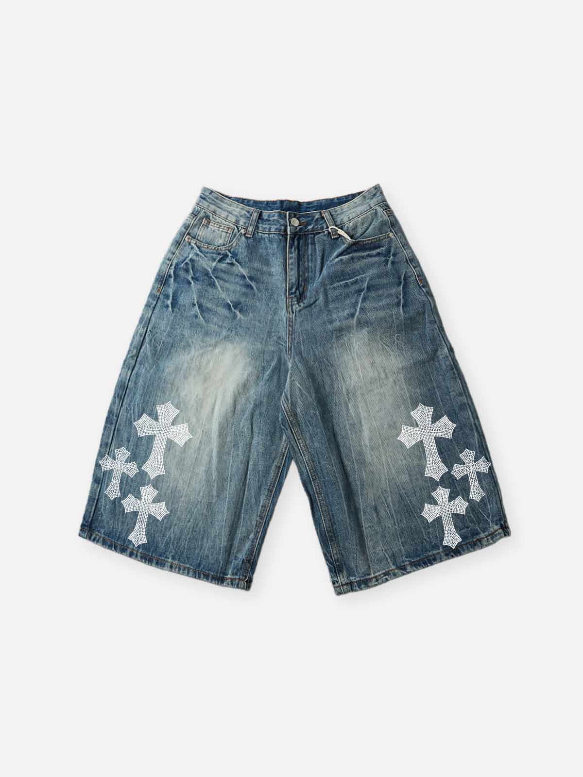 NOISSEY "Galactic Constellation" Asymmetric Gothic Cross Denim Jorts 2 Colors