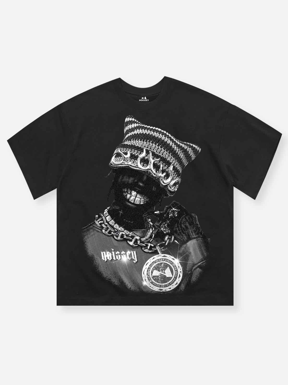 High quality Black-and-White Artistic Rapper Cat Hat Print 350g T-shirt