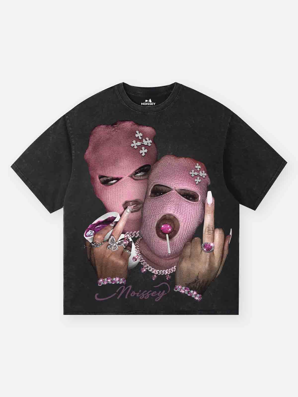 Pink Double-Person Balaclava Black Washed Print T-shirt
