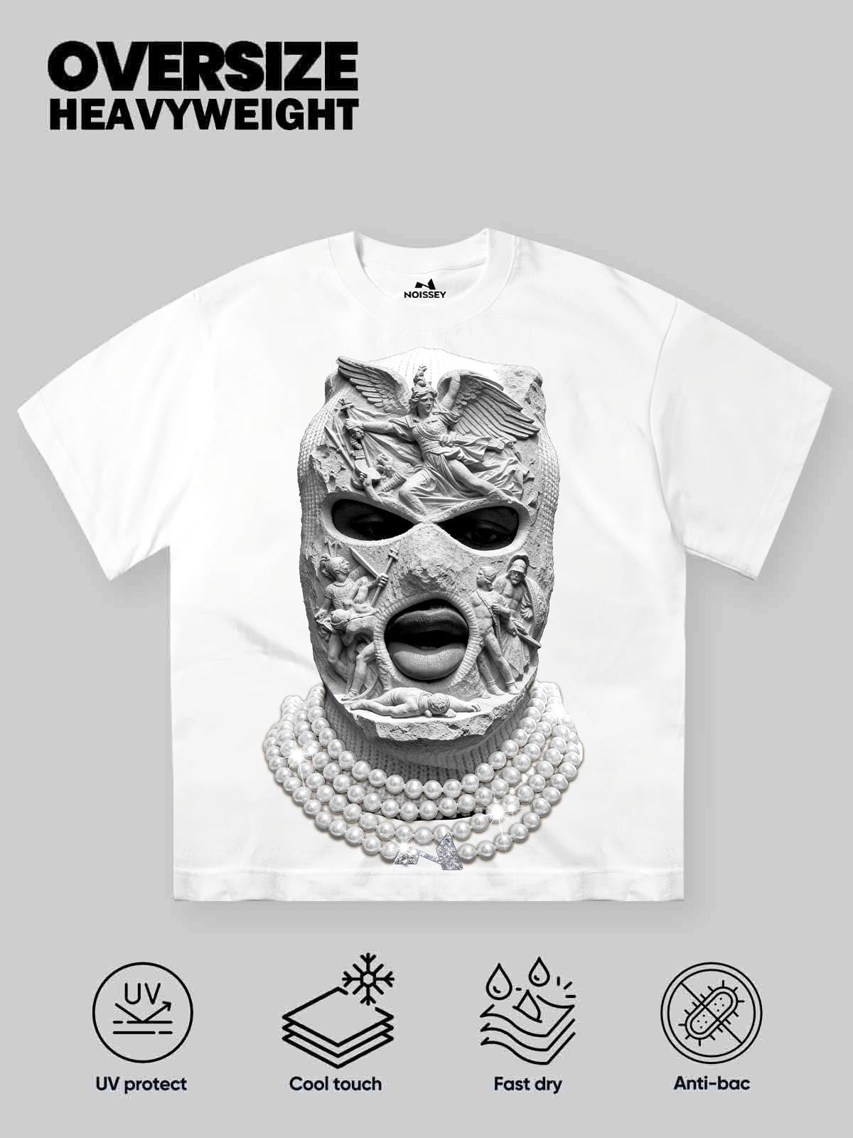 Black and White Pearl Embossed Balaclava White Printed T-shirt