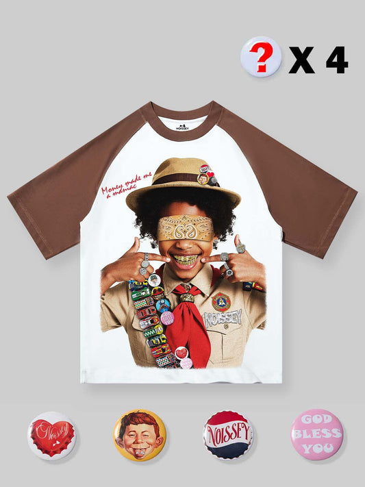 Scout Boy DIY Patch Color-Block Preppy Printed T-Shirt