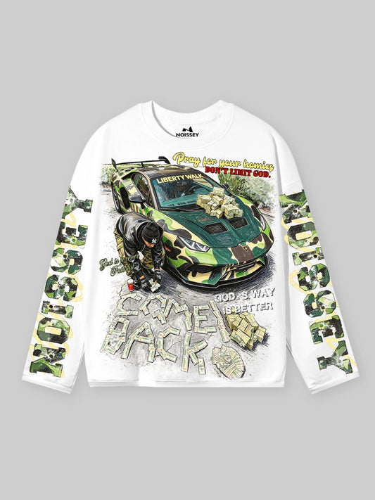 NOISSEY "Camo Supercar & Cash" Track Tee - Clean White Oversized Long Sleeve