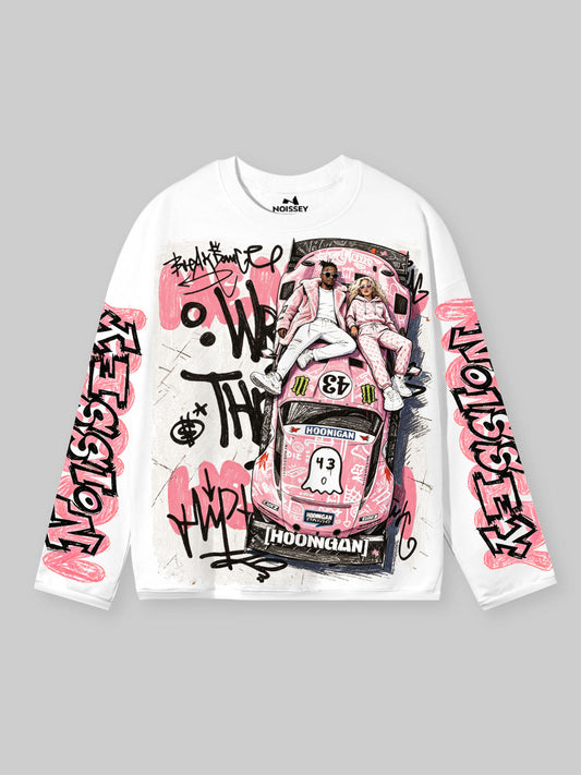 NOISSEY "Pink Hoonigan Graffiti" Coupe Tee - Clean White Oversized Long Sleeve