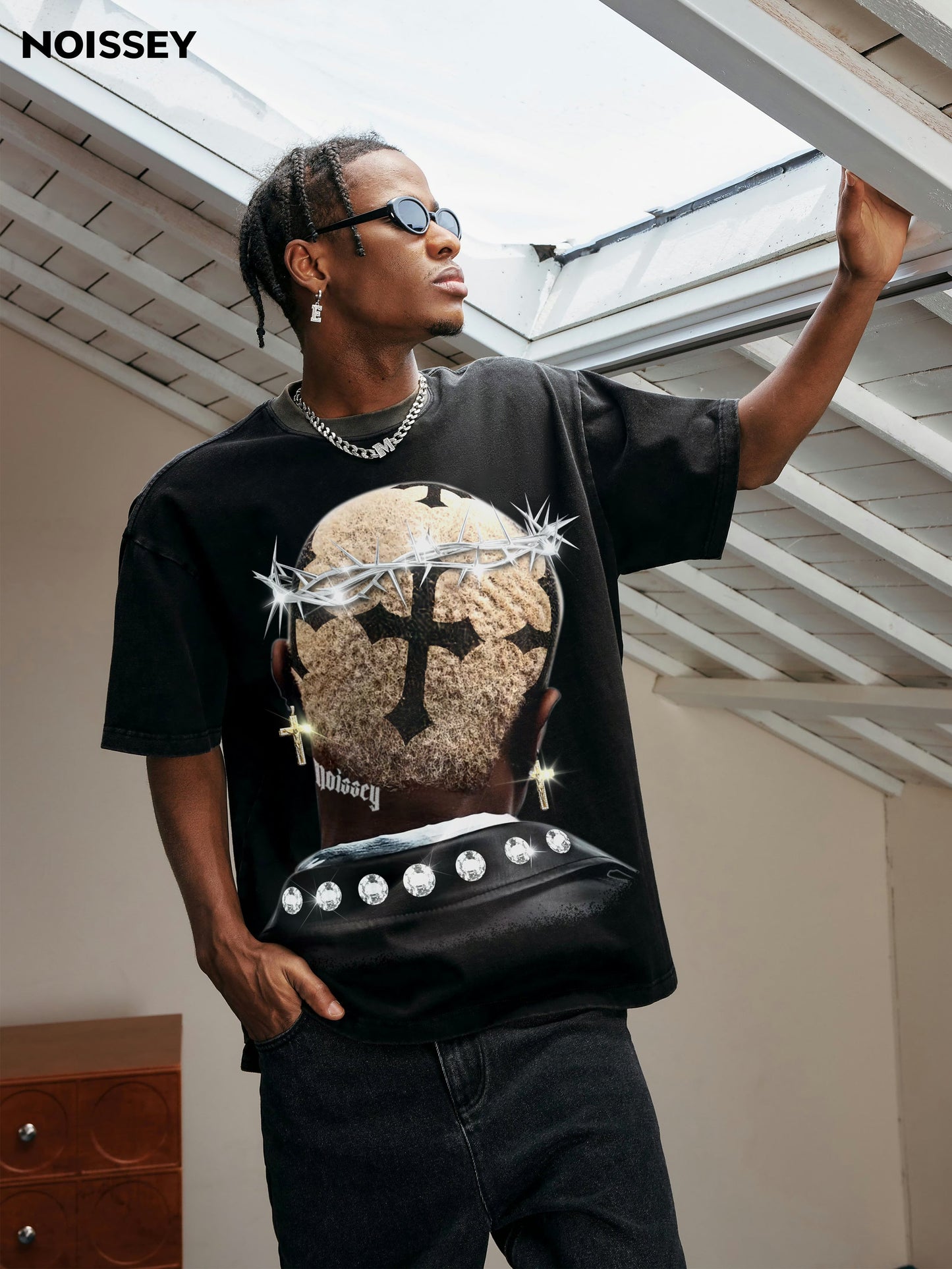 High quality Cross Hairstyle and Diamond Thorn Crown Print 350g T-shirt