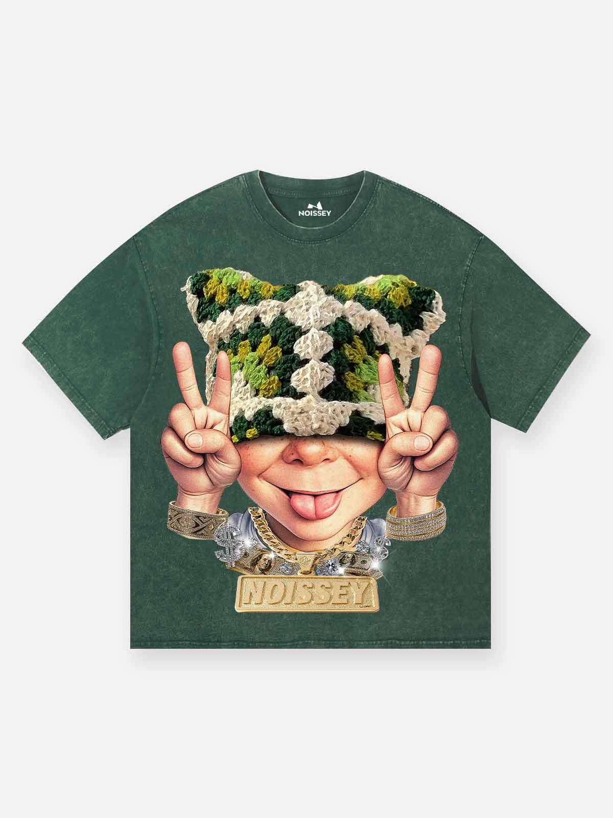 Bad boy wearing green cat hat washed green print T-shirt