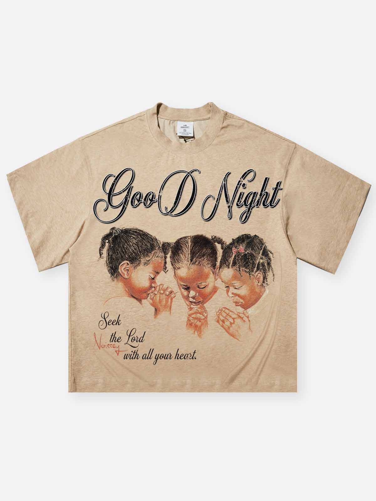 Boxy Oversized Gold T-shirt - Good Night Three Praying Girls