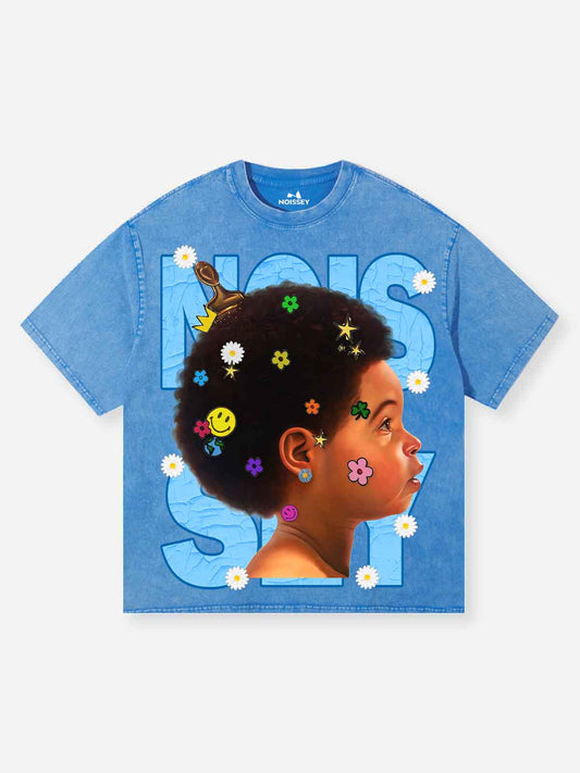 Kid-fun Washed Blue Printed T-shirt