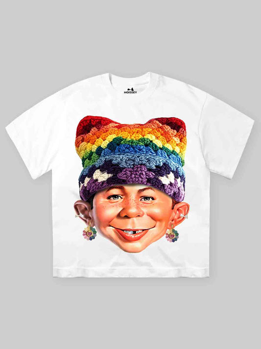 High Quality "Bad Boy" & Rainbow Crochet Hat Print 350g T-shirt
