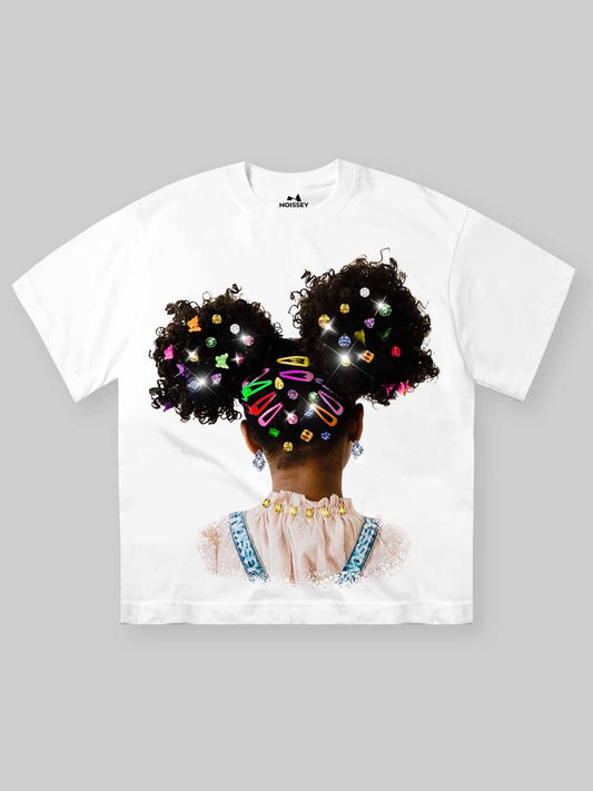 High Quality Colorful Diamond Hairpin Afro Girl Print heavyweight T-shirt