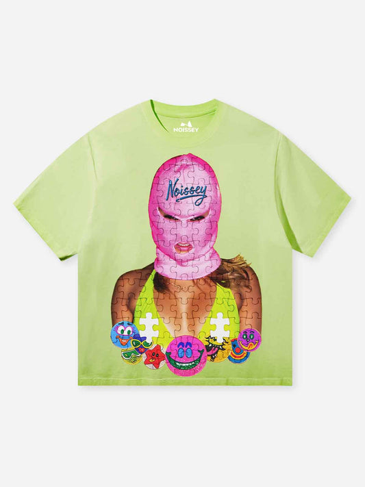 Puzzle-style balaclava printed washed T-shirt