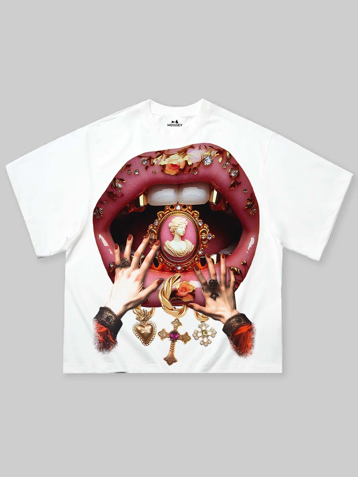 Boxy Oversized T-shirt with Royal Sculpture Badge, Floral and Lip Print