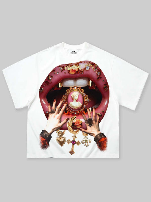 Boxy Oversized T-shirt with Royal Sculpture Badge, Floral and Lip Print