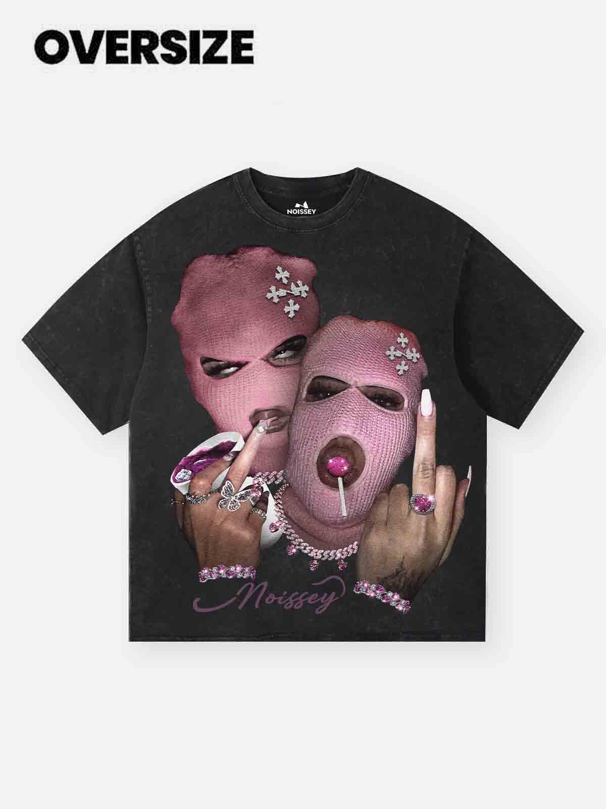 Pink Double-Person Balaclava Black Washed Print T-shirt