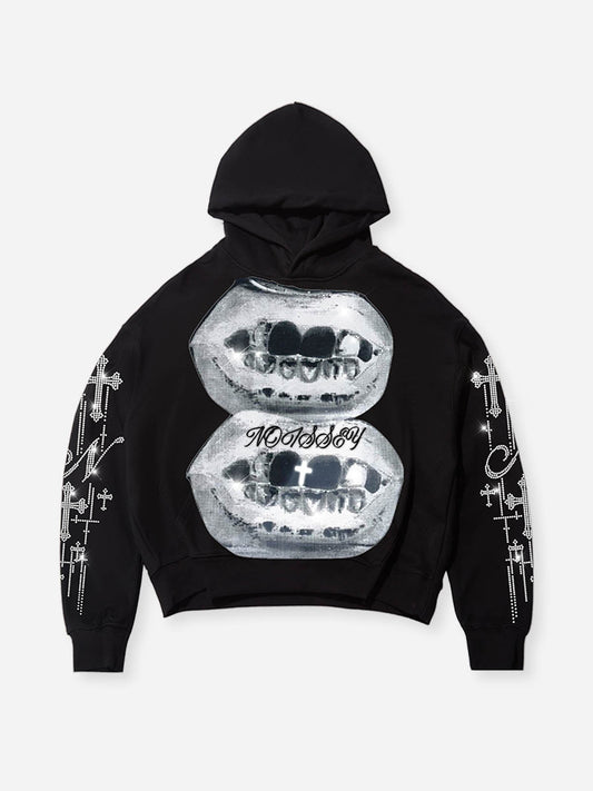 Black & White Negative Double-Lip Meteor Cross Diamond Tech Fabric Hoodie