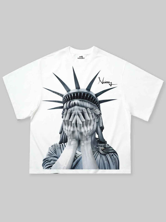 Boxy Oversized T-shirt with Weeping Statue of Liberty Print