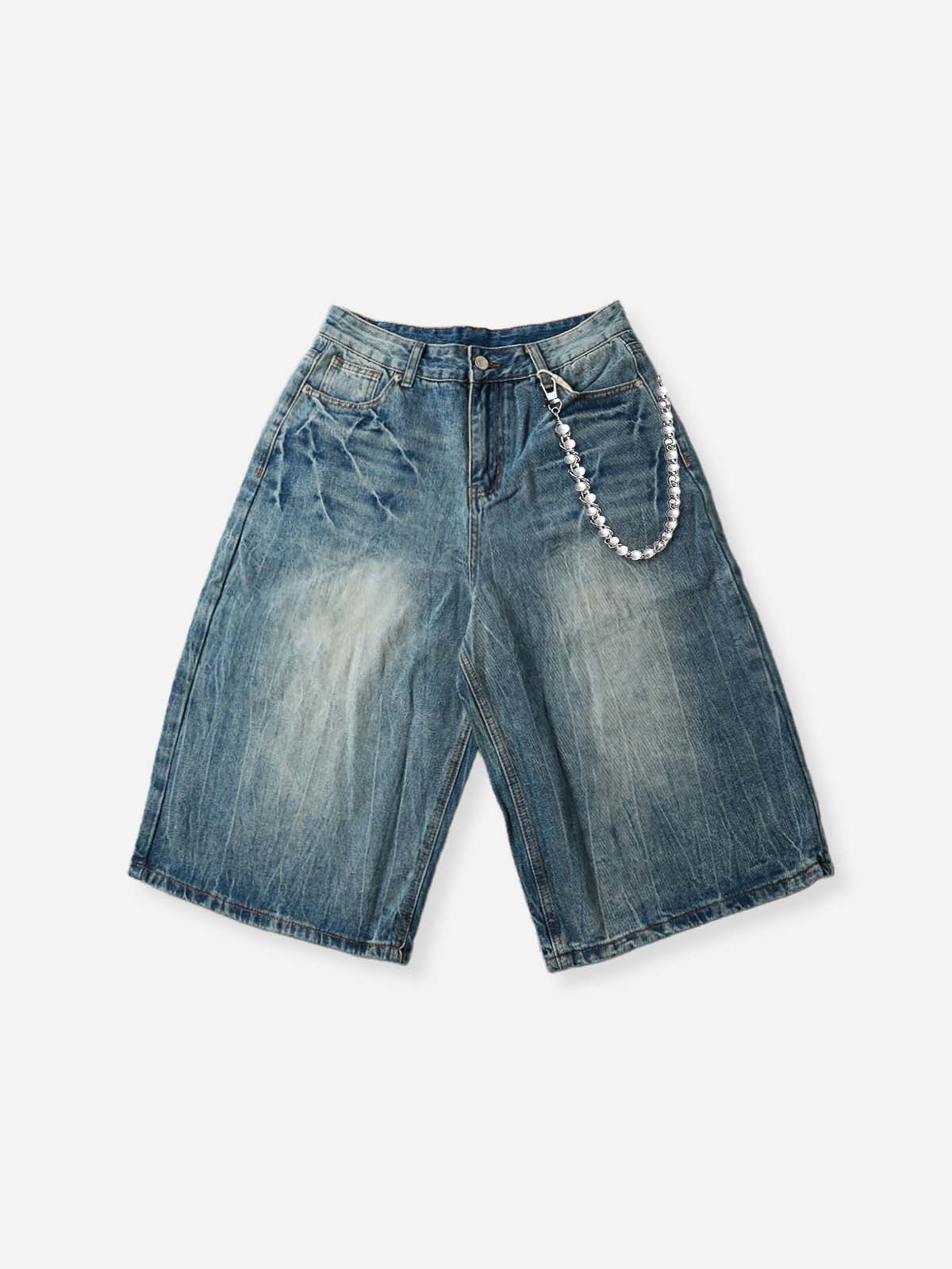 NOISSEY Vintage Distressed Denim Shorts with DIY Pearl Chain - Onyx Black & Heritage Blue