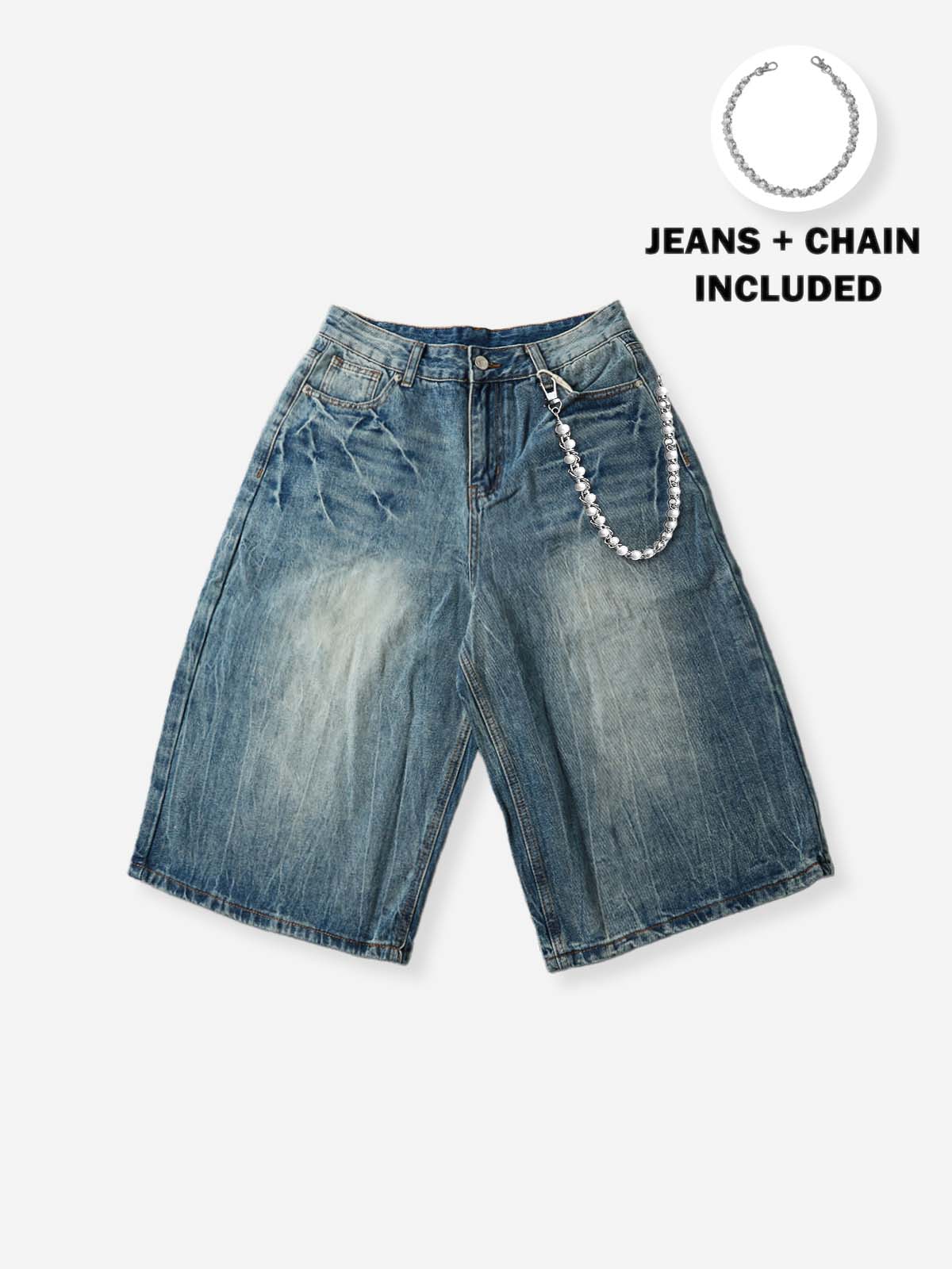 NOISSEY Vintage Distressed Denim Shorts with DIY Pearl Chain - Onyx Black & Heritage Blue