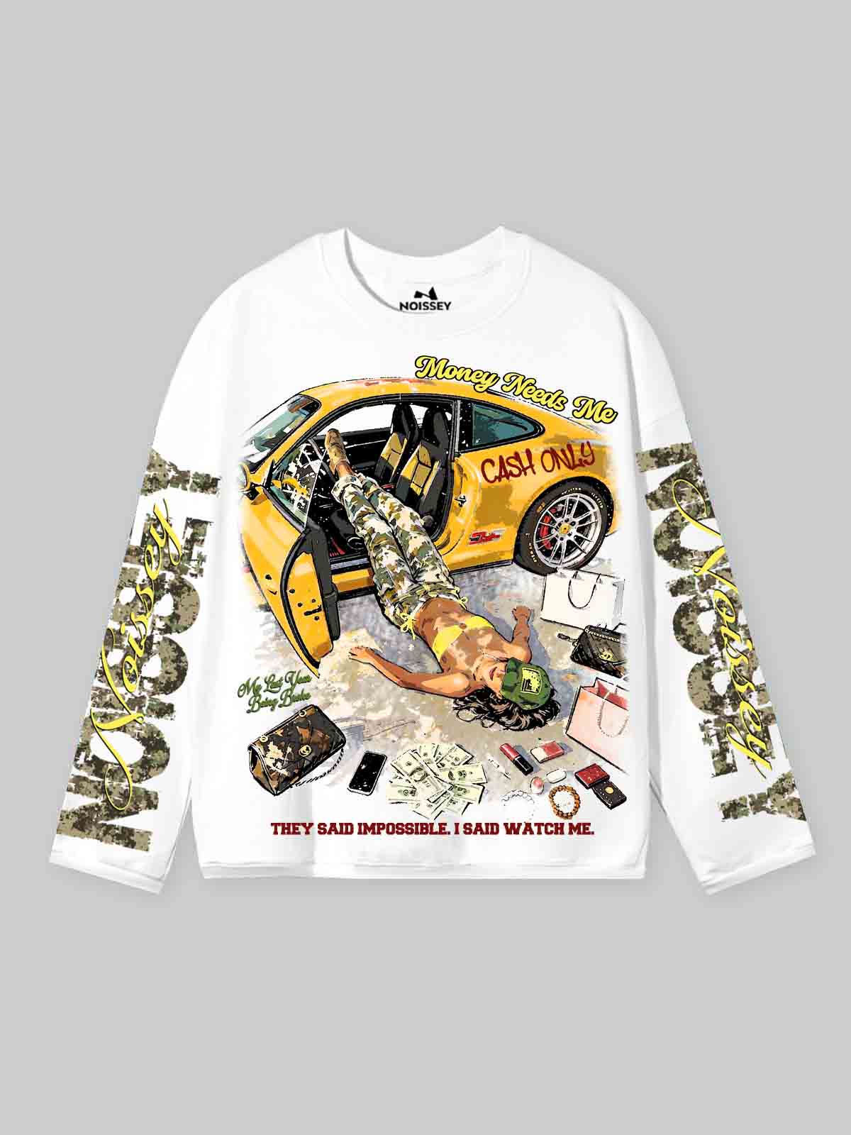 NOISSEY "Money Needs Me" Boxy Heavyweight Camo Art Long Sleeve - Cloud White