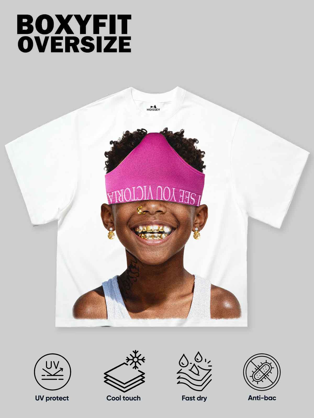 Boxy Oversized T-Shirt with Funny Child Portrait Print