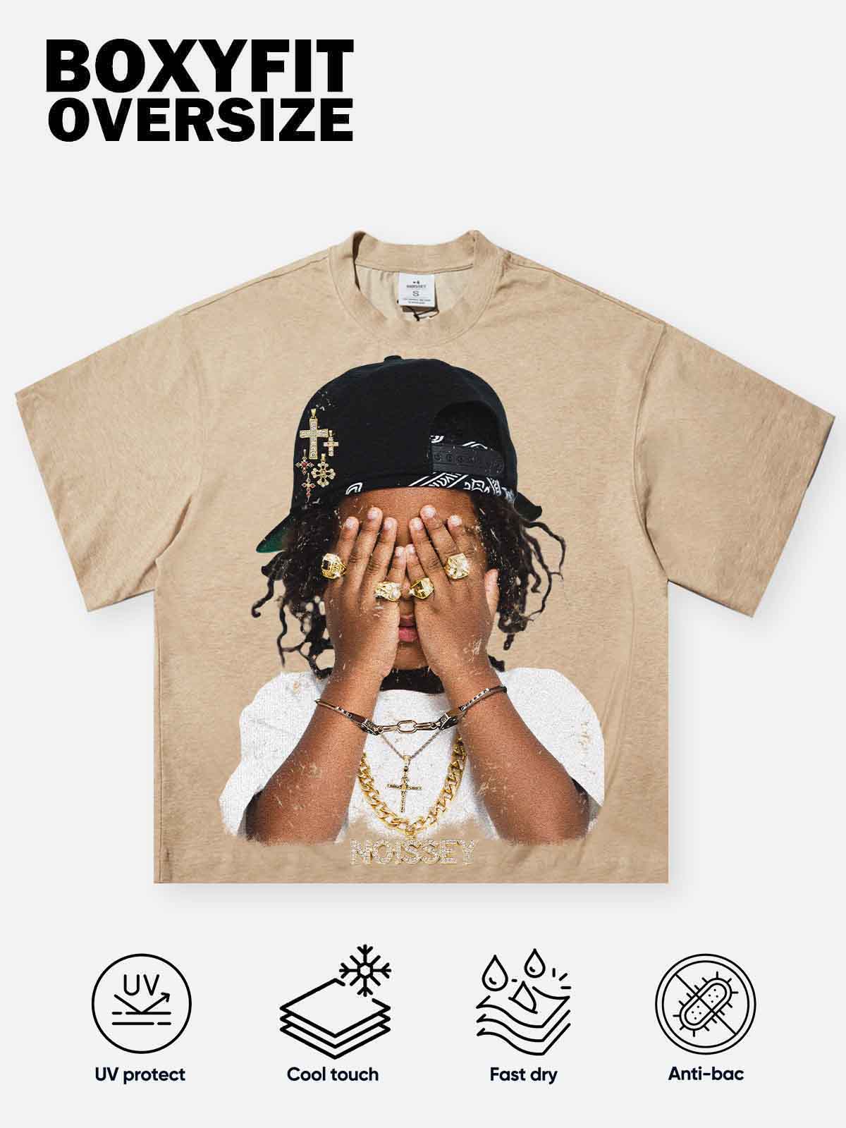 Boxy Oversized T-shirt with Hip-Hop Kid Covering Eyes Print