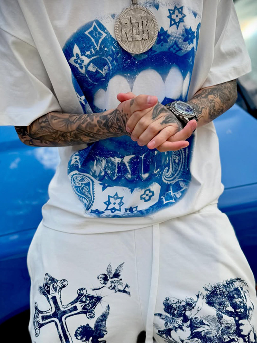 NOISSEY "Blue Angel" Cross & Cherub Graphic Heavyweight Slim-Fit Shorts - Pure White
