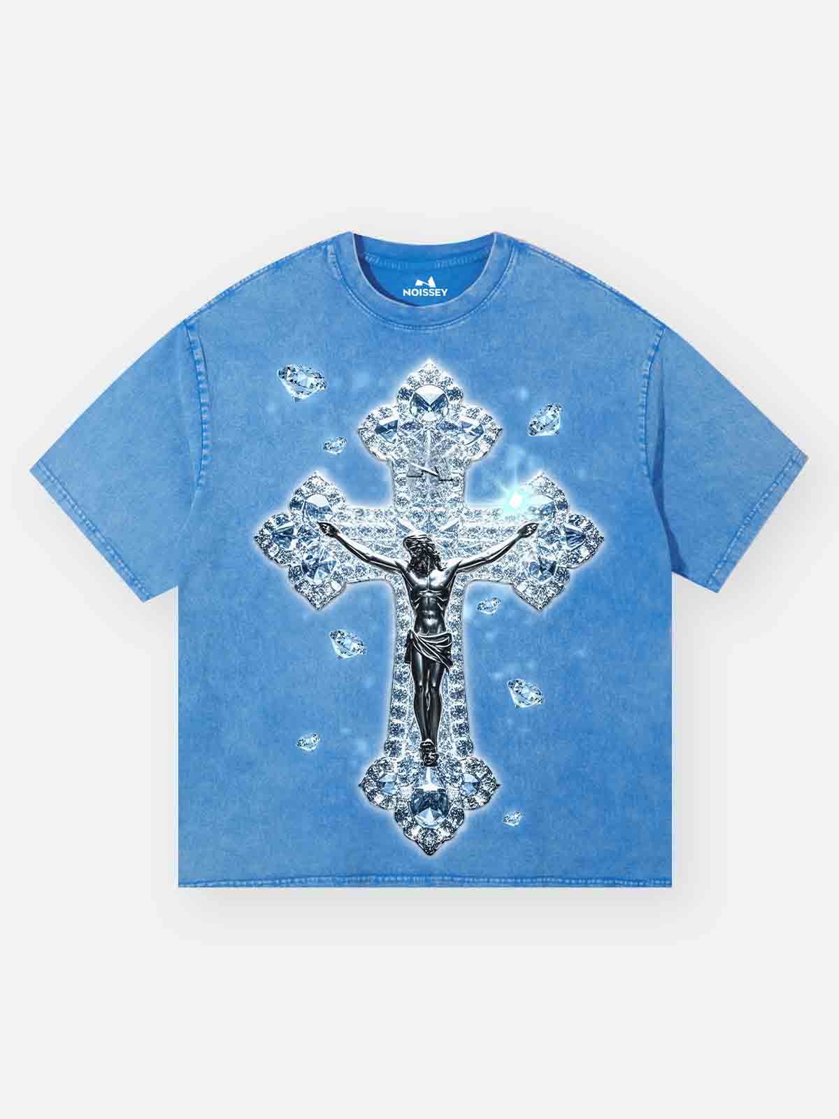 Transparent Diamond Jesus Cross Blue Wash Print T-shirt