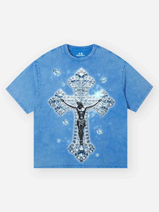 Transparent Diamond Jesus Cross Blue Wash Print T-shirt