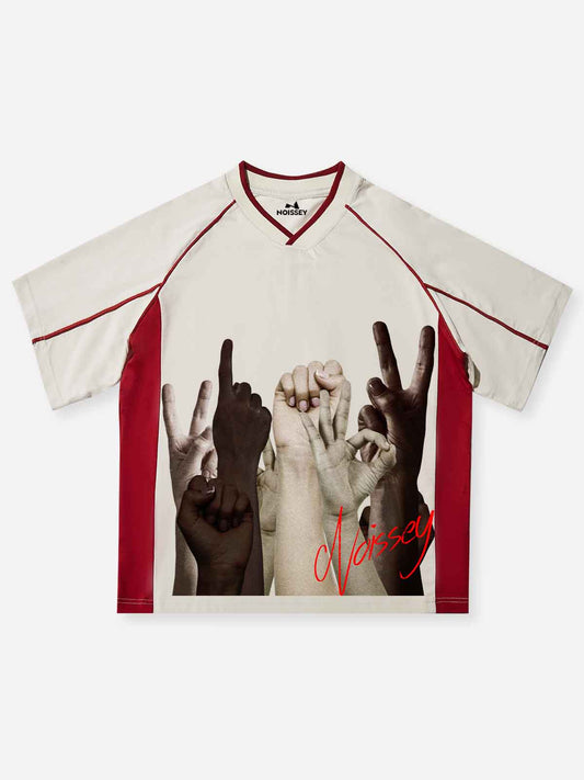 Celebratory Victory Gesture College-Style Print T-shirt