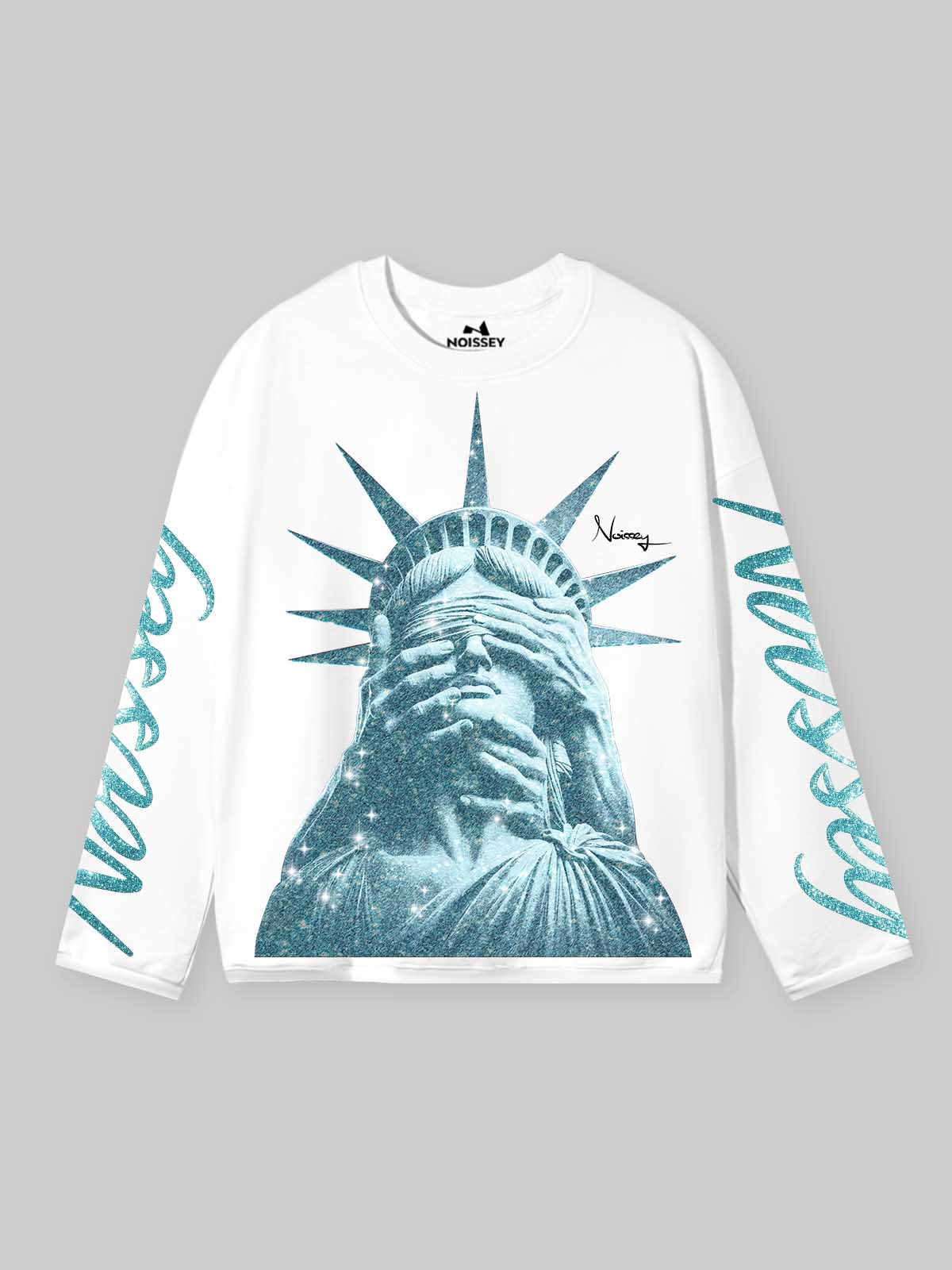 NOISSEY "Liberty Blinded" Teal Diamond Sparkle Graphic Long Sleeve Sweatshirt