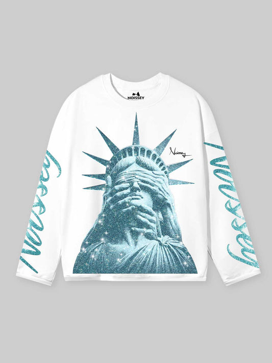 NOISSEY "Liberty Blinded" Teal Diamond Sparkle Graphic Long Sleeve Sweatshirt