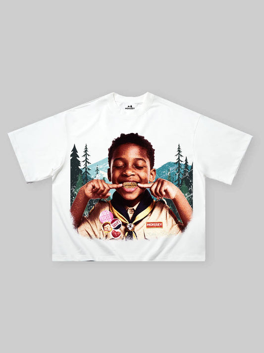 Boxy Oversized T-shirt with Grills-Wearing Kid Print