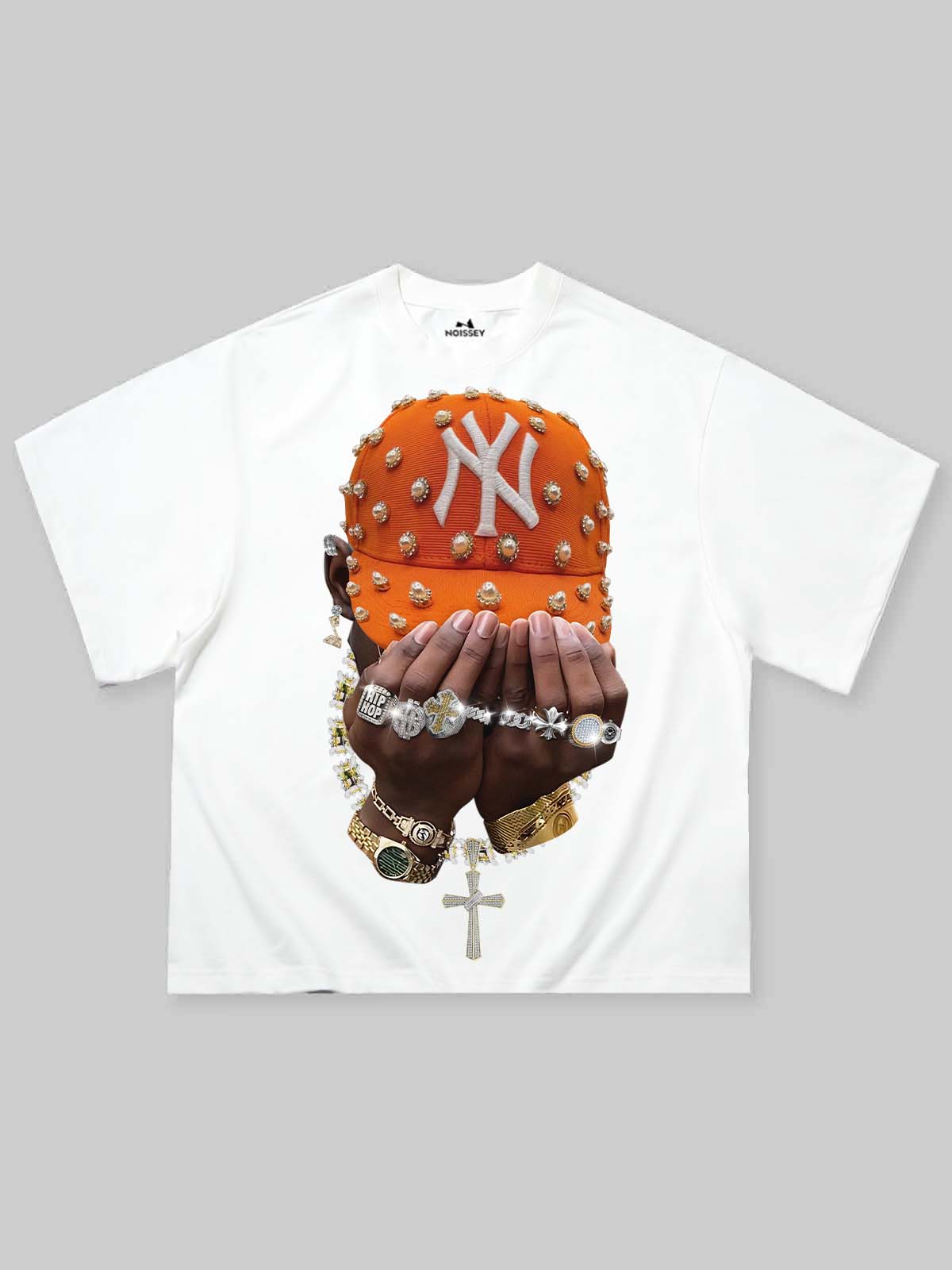 Boxy Oversized T-Shirt with Orange Pearl Cap & Jewelry Print