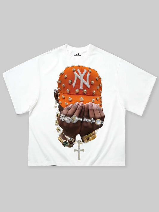 Boxy Oversized T-Shirt with Orange Pearl Cap & Jewelry Print