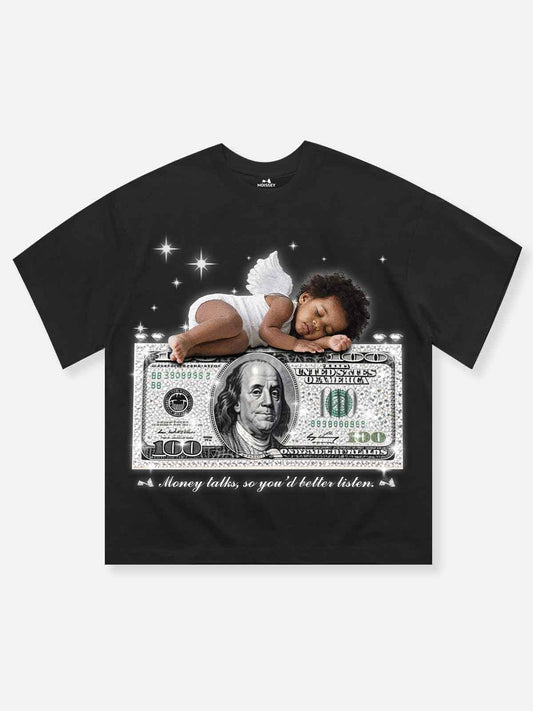 Little Angel Sleeping on Money Print T-shirt