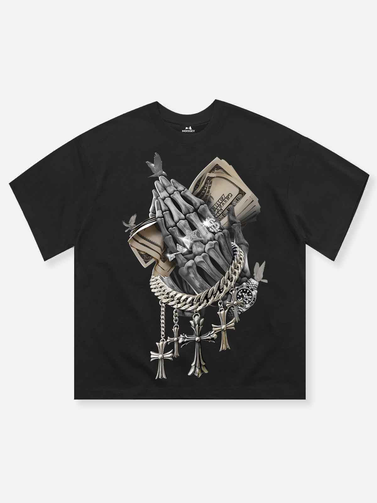 Skull Praying Hands Print T-shirt