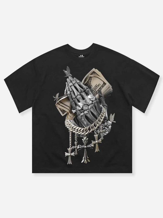 Skull Praying Hands Print T-shirt