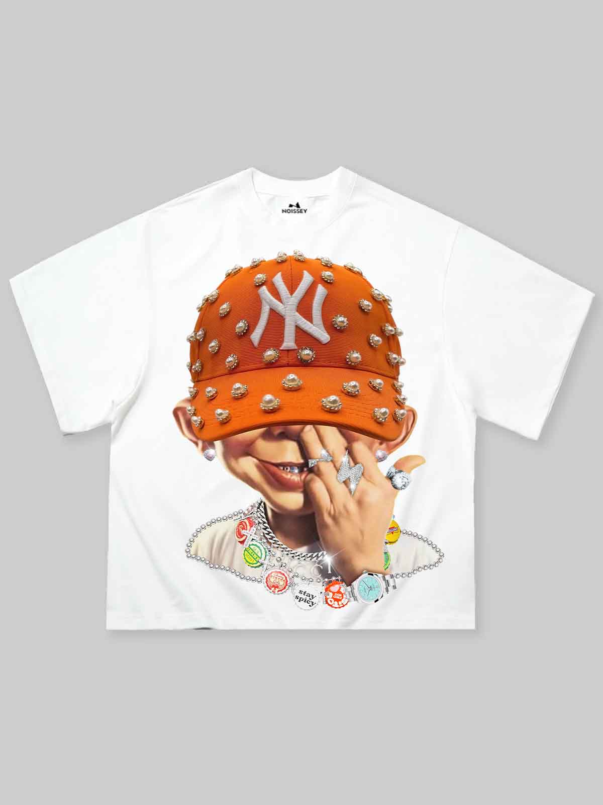 Boxy Oversized T-shirt Bad Boy with Orange Pearl Hat Print