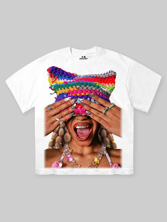 Rainbow Knitted Art Cat-Ear Hat Character Print T-shirt