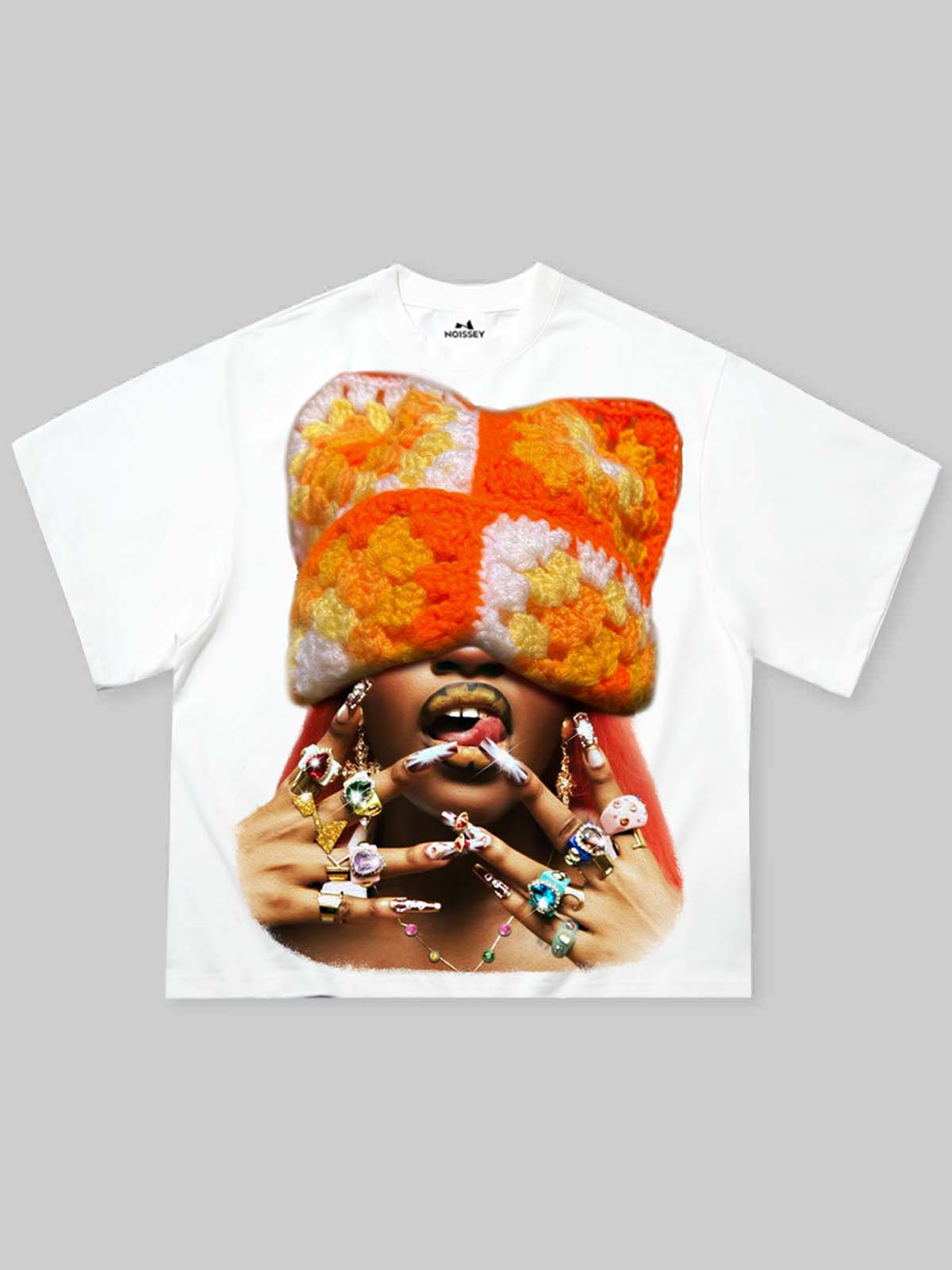 Boxy Oversized T-shirt with Orange Cat-Ear Hoodie Girl Print