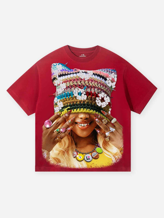 Colorful Cotton-Woven Cat-Ear Hat Girl Character Print Red Quick-Dry T-Shirt