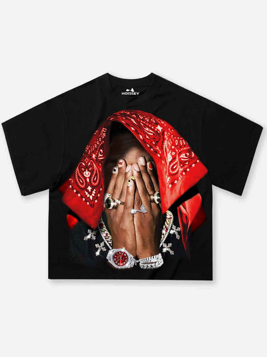 Boxy Oversized T-shirt with Red Paisley Art Headscarf Figure Print