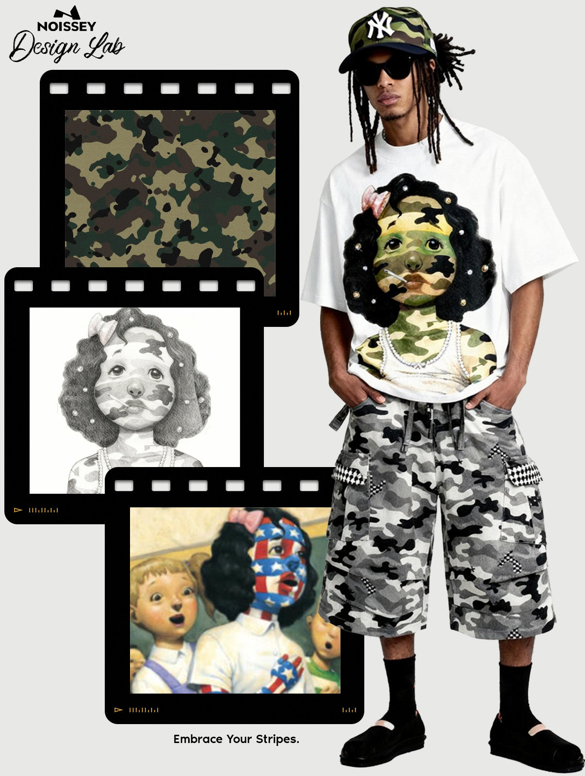 Camouflage Striped Girl Art Print Boxy Oversized T-shirt