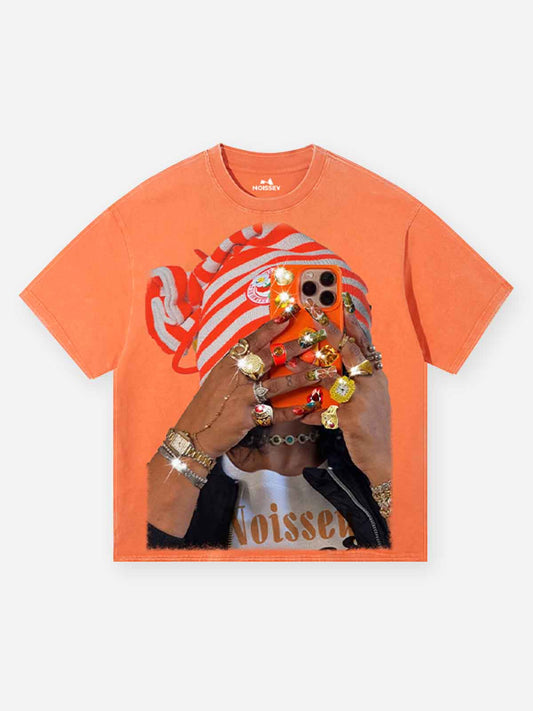 Striped Cap Orange Wash Print T-shirt