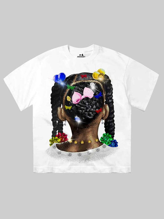 High-Quality Double Ponytails with Colored Hairpins Little Girl Print 350g T-shirt